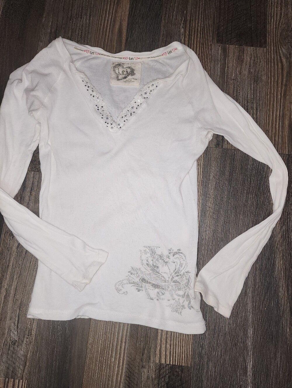 Vintage LEI LS White Ribbed Knit Shirt Small Vneck Grunge Hip Hop Y2K 90s